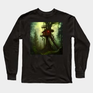 Magical Cottage Tree House with Lights in Forest with High Trees, Scenery Nature Long Sleeve T-Shirt